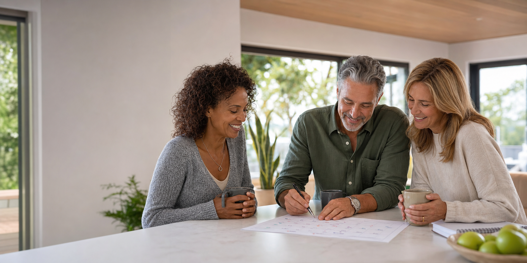 Adults around age 50 planning health appointments around a kitchen table